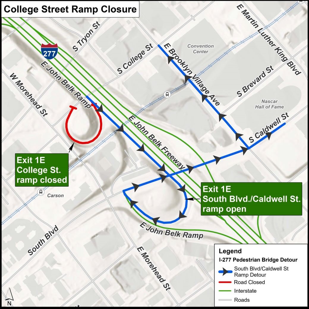 map showing ramp closure at College St and detour taking South Blvd/Caldwell ramp to Caldwell, then up Brooklyn Village Ave to reconnect to College Street