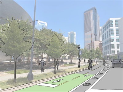 View of MLK Boulevard in front of the NASCAR Hall of Fame with illustrative overlay of the improvements after project completion