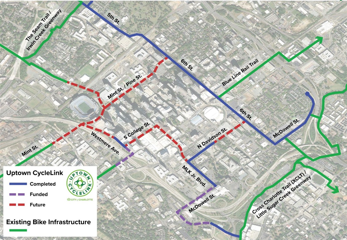 A map showing completed, funded and future segments of the Uptown CycleLink, alongside existing bike infrastructure