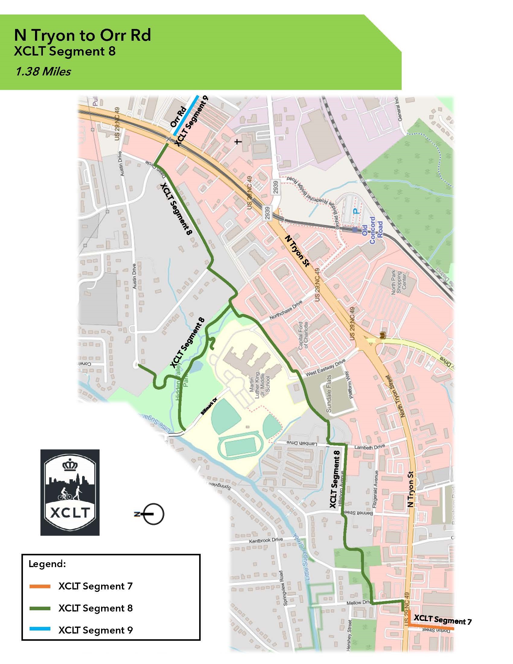 aerial map of project area with a bold green line indicating the path of the trail through the Hidden Valley neighborhood