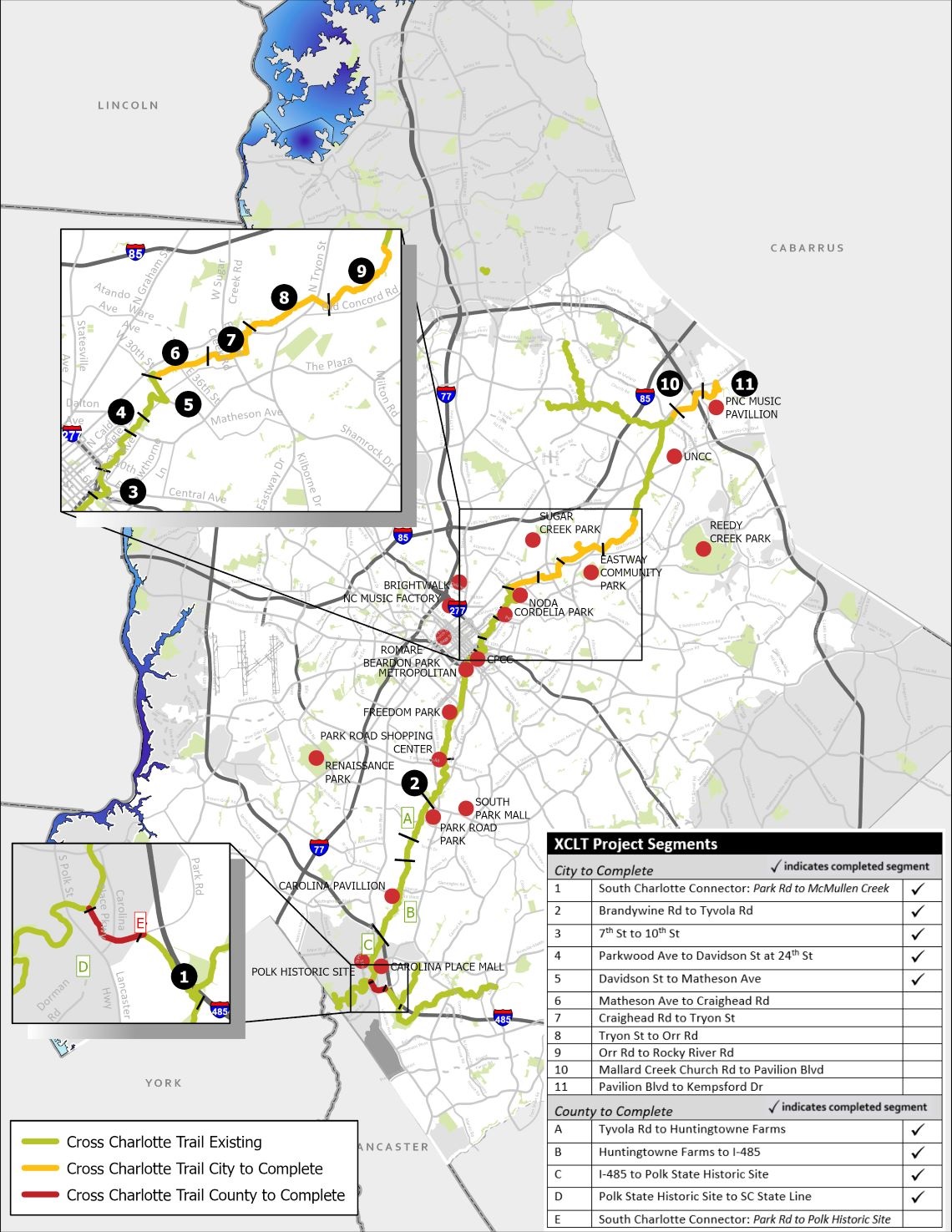 a map of Charlotte with the trail shown in solid green showing completed segments and dotted green showing segments not complete yet