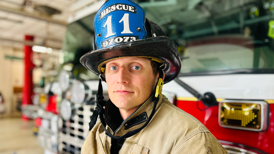 Firefighter Brian Watts of Rescue 11, recently named Charlotte Firefighter of the Year, stands ready at his firehouse in Charlotte. 