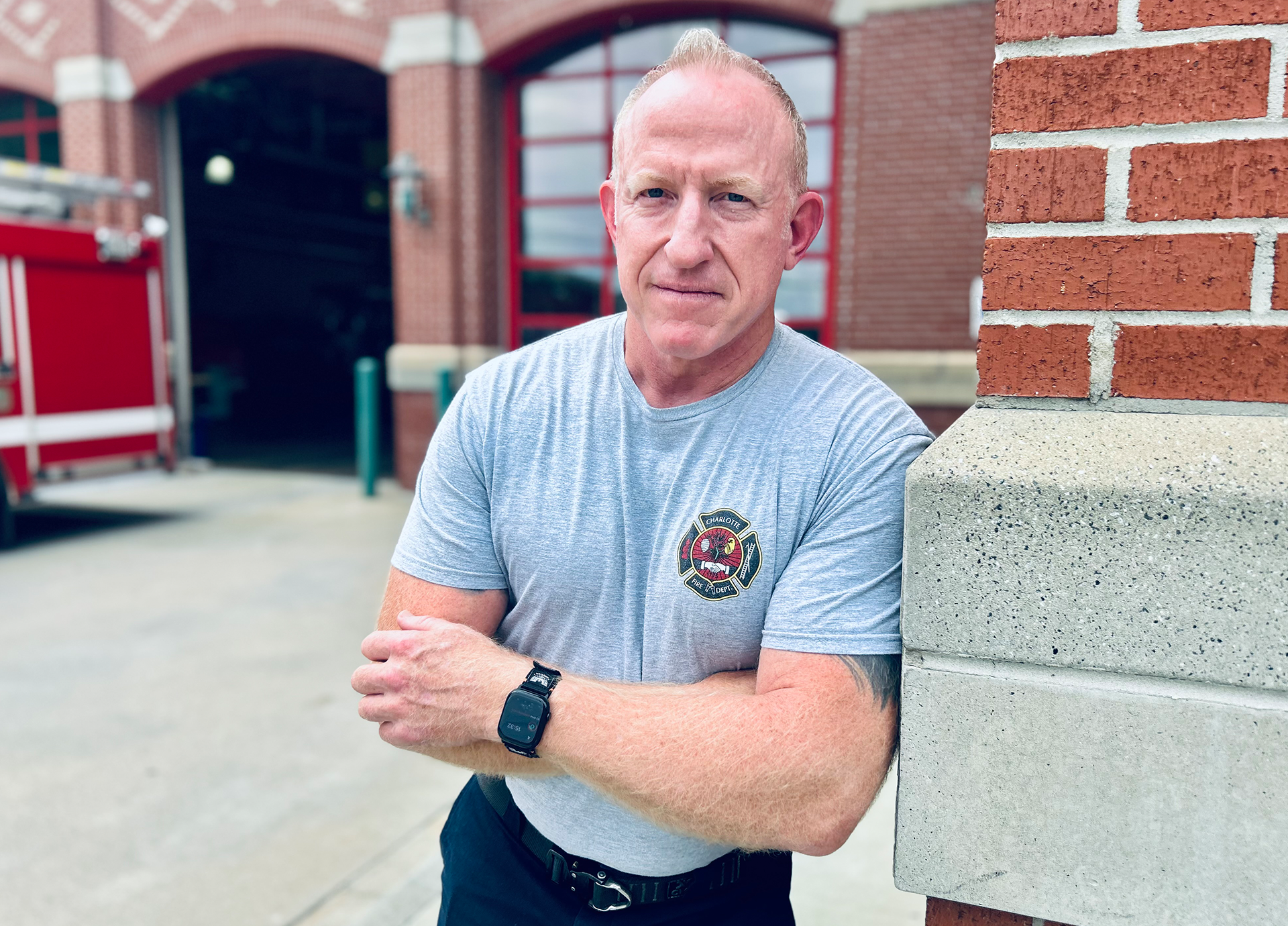 Leaning against the brick walls of Firehouse 10, Bowman’s focus and discipline mirror the strength that has made him a firefighter challenge champion.