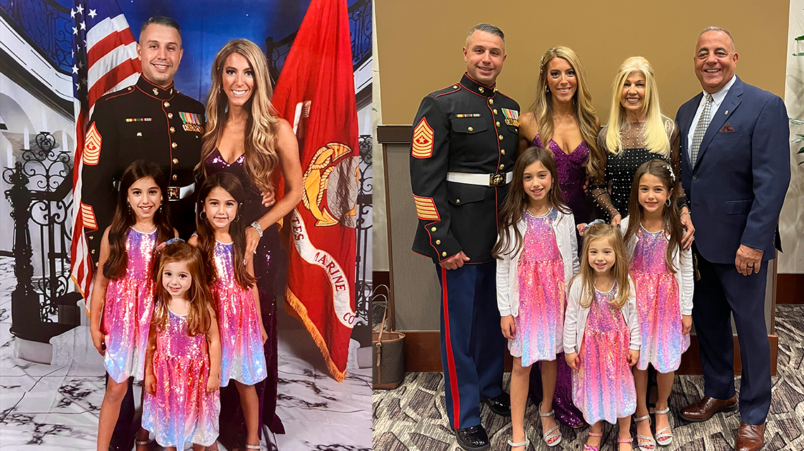 At home in both uniforms: Captain DeFrancisci with his wife and daughters at a Marine Corps Ball. For him, service is a family value.