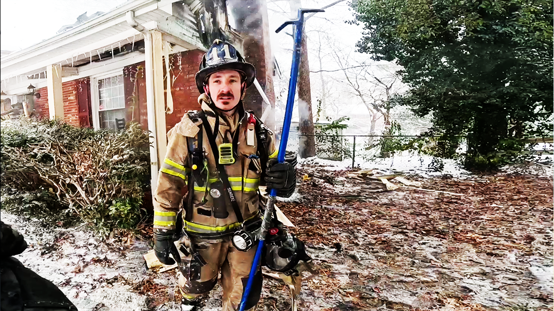 Reynolds operates on a structure fire during winter conditions