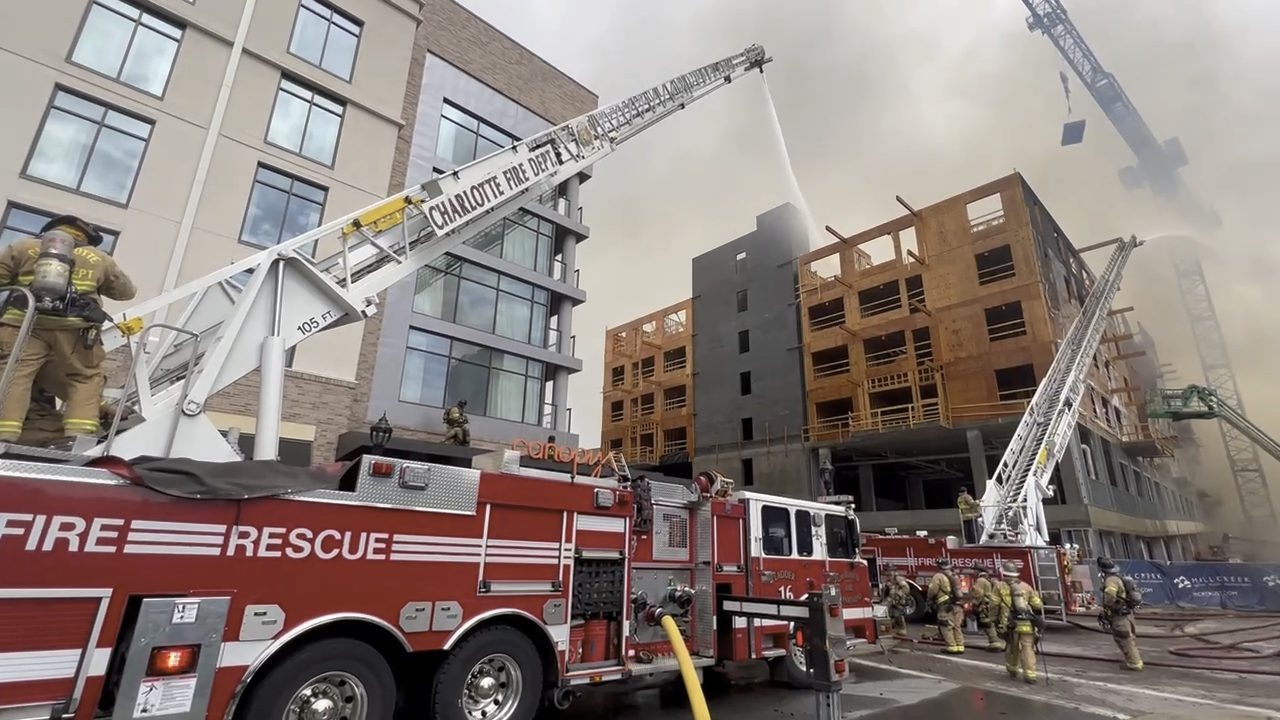 Ladder 16 operates at the 2023 five-alarm Liberty Row fire in SouthPark. Ladder 16 was the first Charlotte Fire company to arrive.