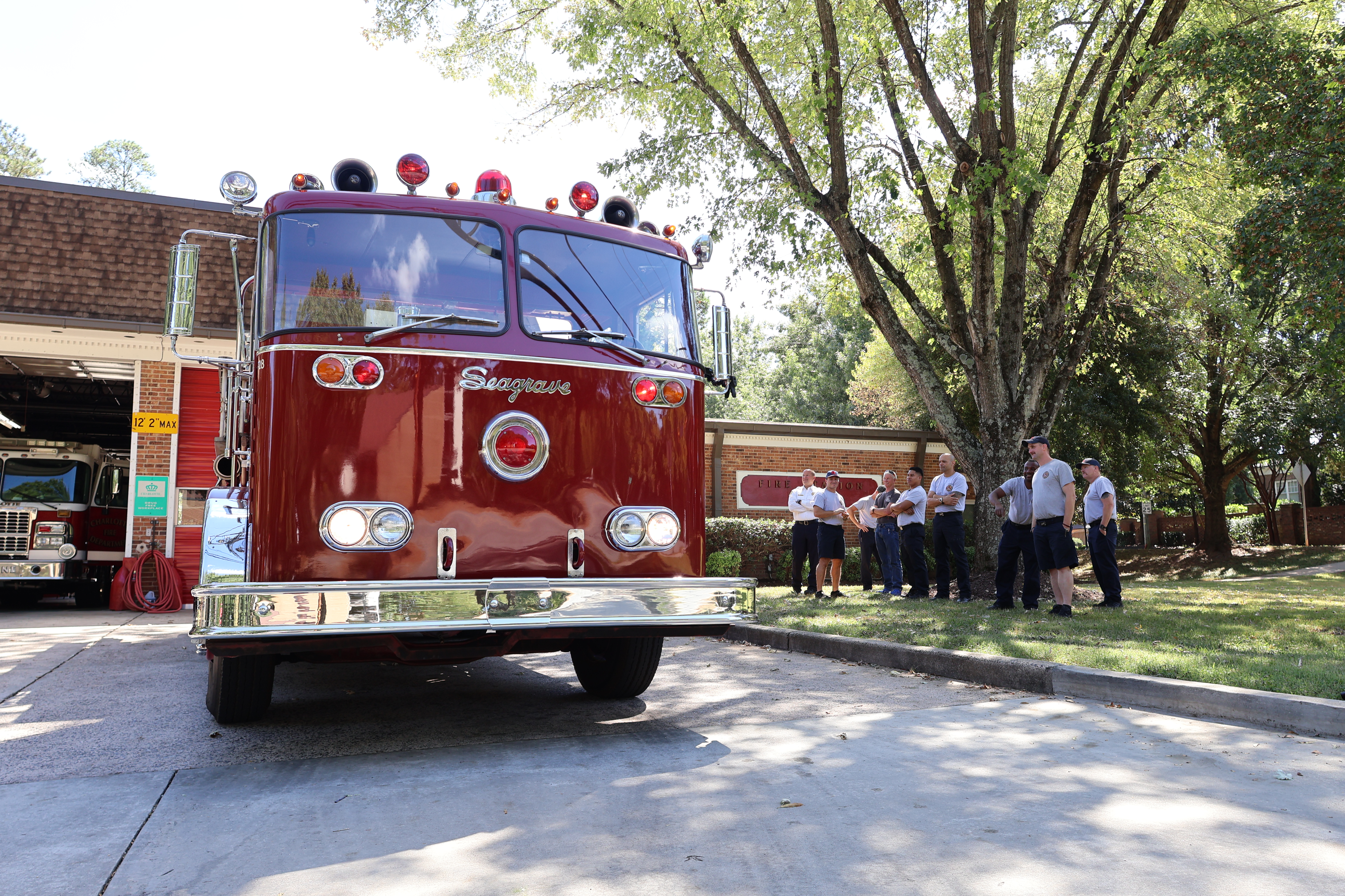 The restored 1971 Seagrave Cab-Forward fire engine visits Firehouse 16. The apparatus served as Engine 16 from 1974 until 1992 before eventually returning to Charlotte for restoration.