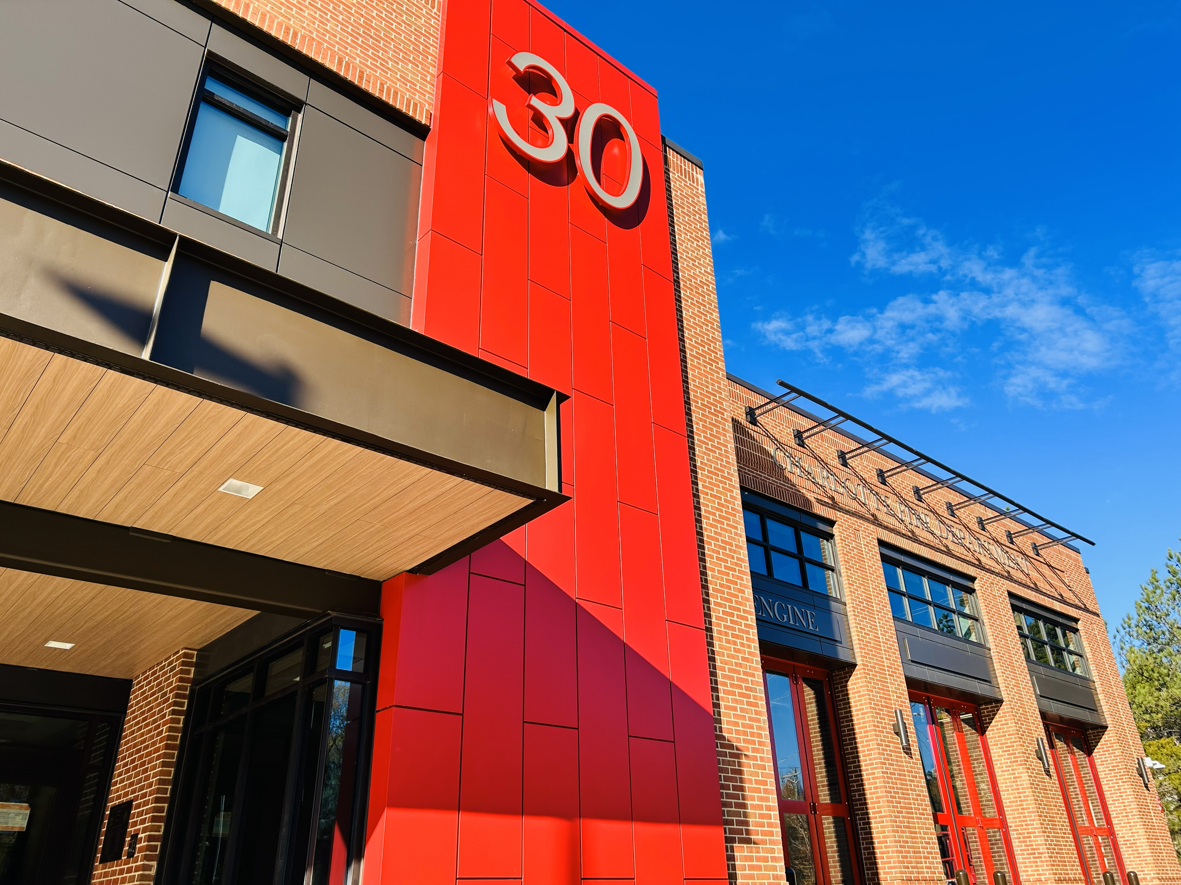The exterior of Firehouse 30 is shown on Beam Road, the new facility designed to support emergency response in the airport and Steele Creek area. 