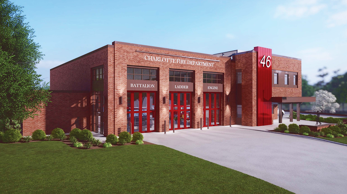 A rendering of Charlotte Fire’s future Firehouse 46, which will house an engine, ladder, and battalion company in a growing area of south Charlotte. 