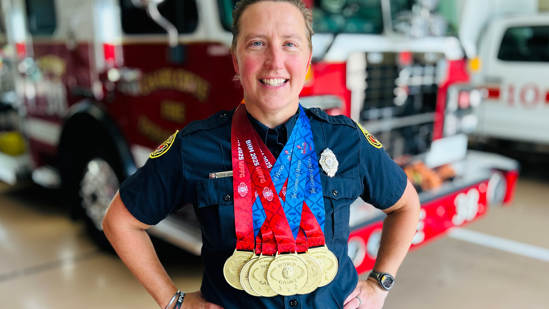 With all six gold medals on display, Holly Forbes Johnson proudly represents Charlotte Fire and Team USA. 