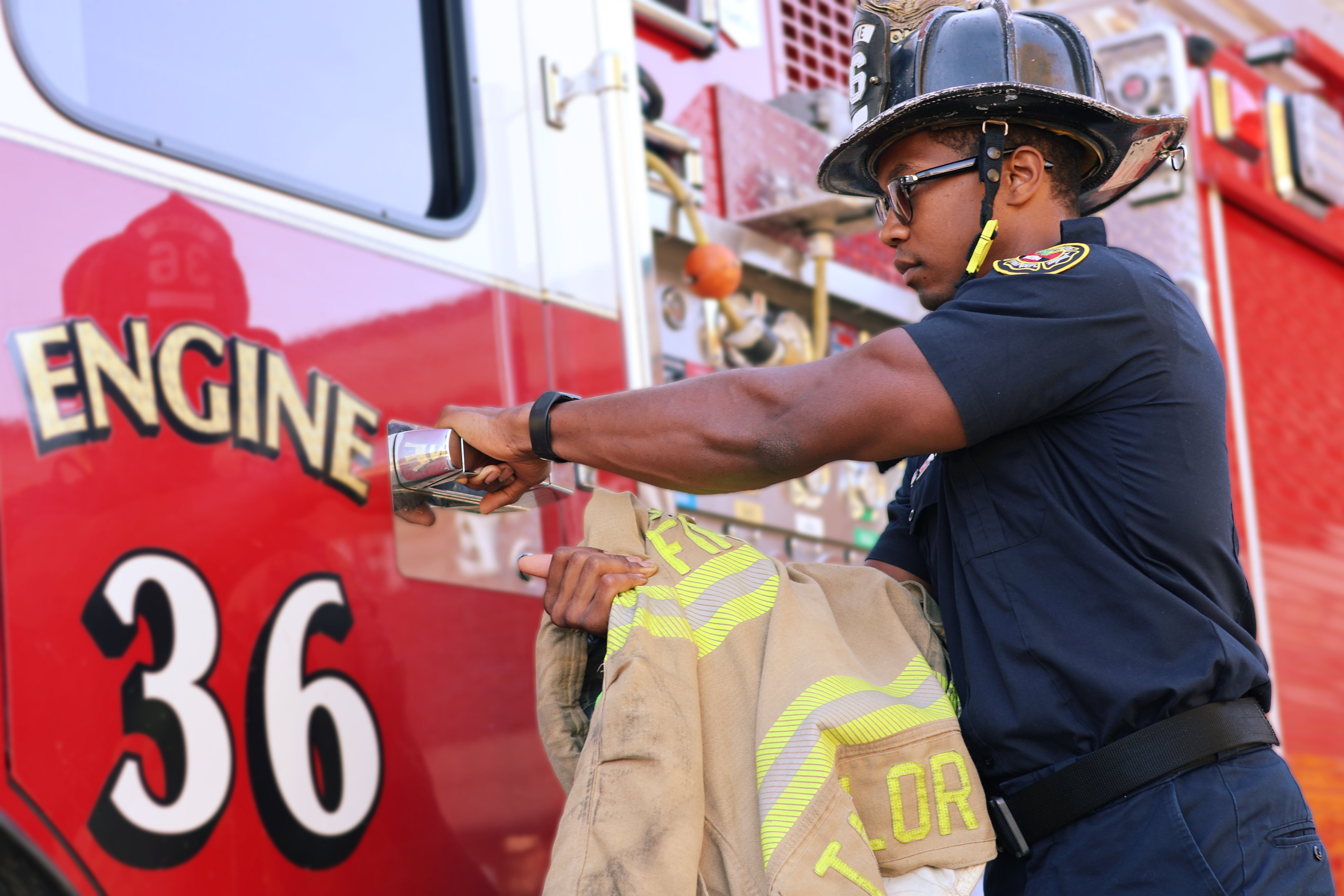 Taylor prepares for duty with Engine 36, his current assignment with Charlotte Fire.