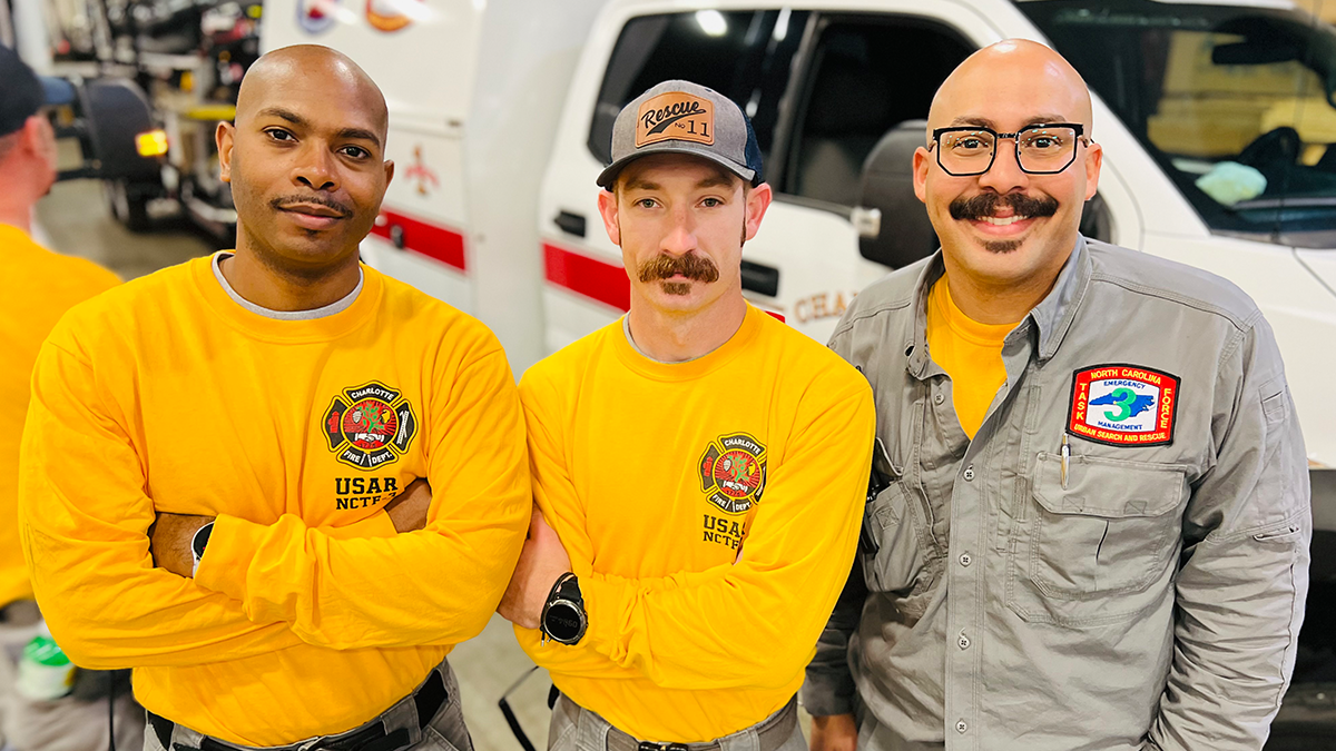 Firefighters Andrew Graham, Dustin Reynolds, and Hector Rivera are all experiencing their first deployment with North Carolina Task Force Three, ready to serve and protect in Kentucky’s disaster response efforts. 