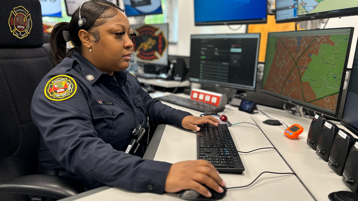 Zykiah Johnson, this year’s Charlotte Fire Rookie of the Year, pictured at the communications center.