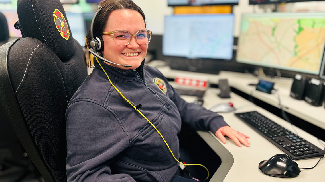 Shelby Smith, who answered the most calls on Charlotte Fire’s day shift in 2024, inside the communications center. 