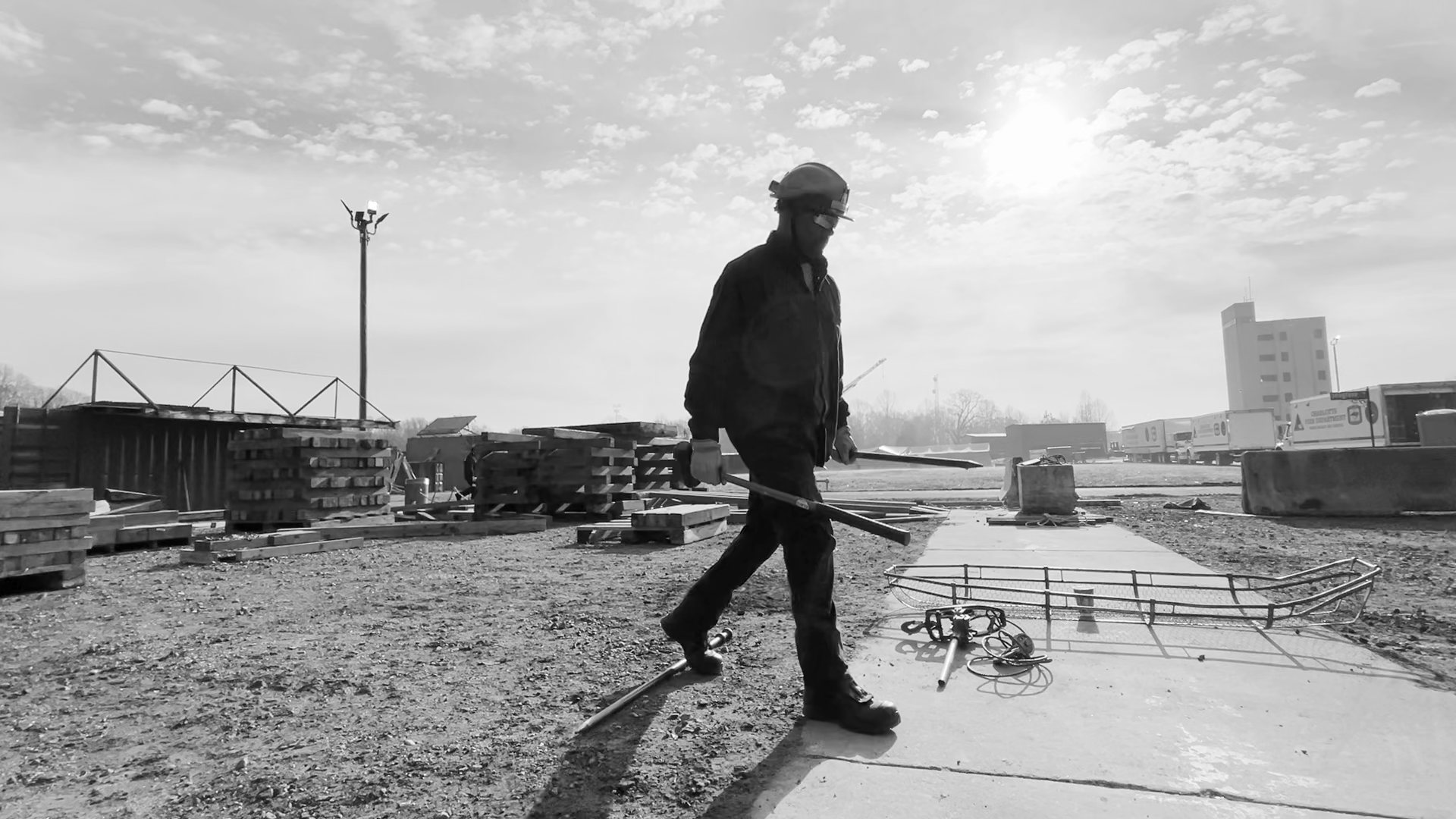 A firefighter walks across the simulated rubble field at the Charlotte Fire Training Academy during the 2025 Structural Collapse Technician School. 