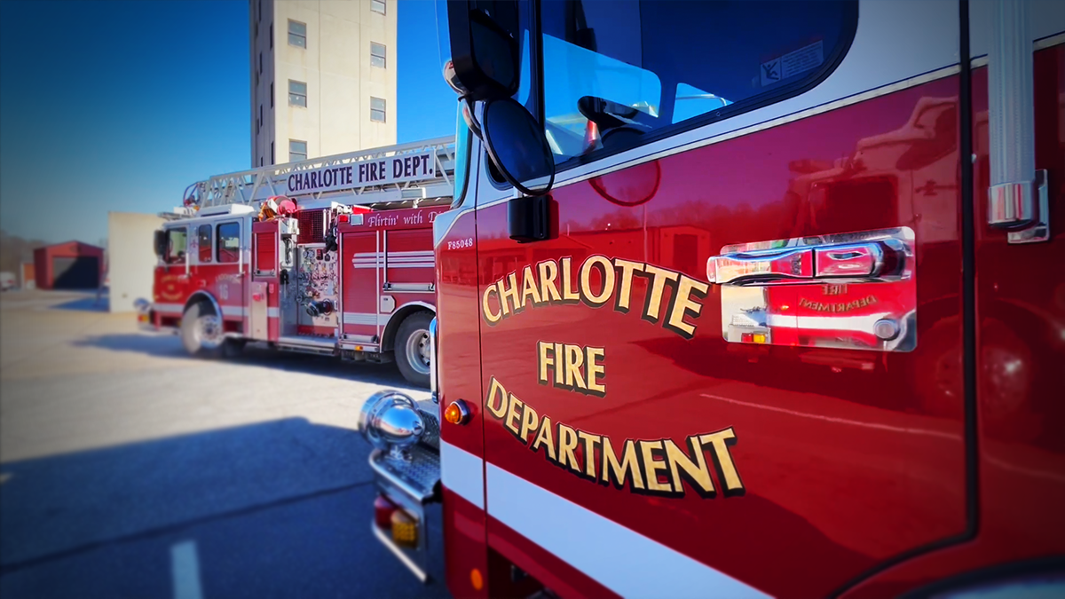 Charlotte Fire Department engines lined up at the Training Academy during Winter Training 2025, ready to support hands-on skill-building and simulated scenarios.
