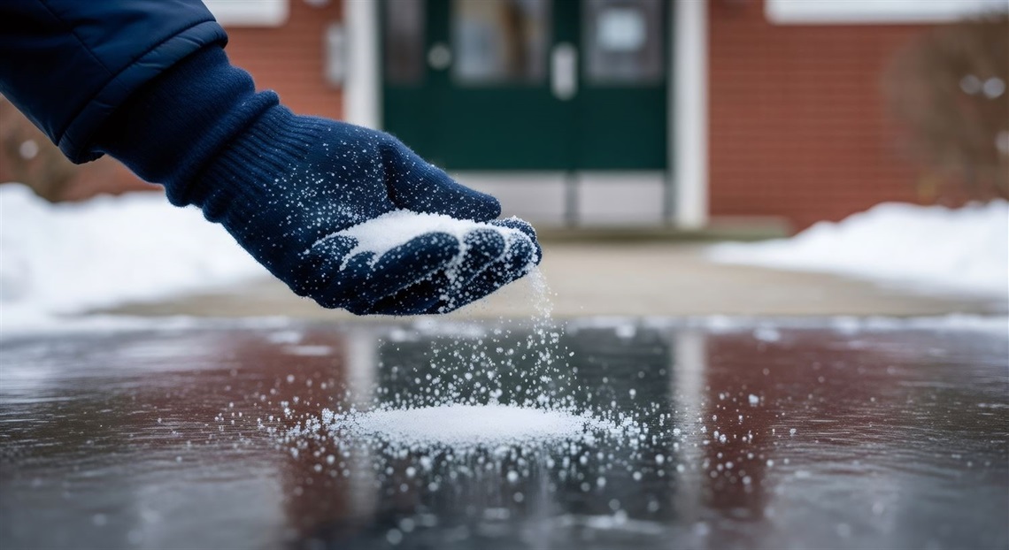 Person wearing a mitten holding salt.