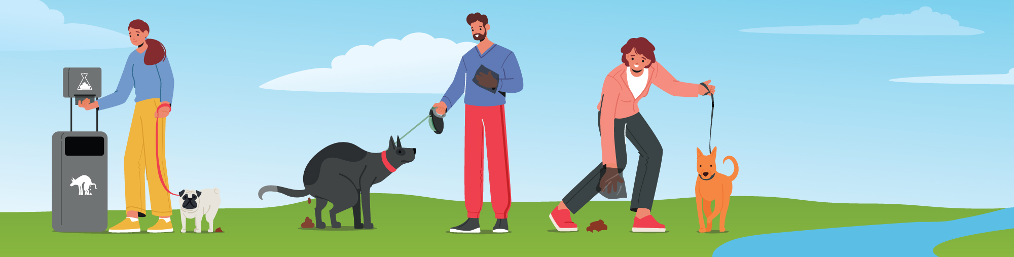 Three people with three dogs picking up poop and putting it in the trash.