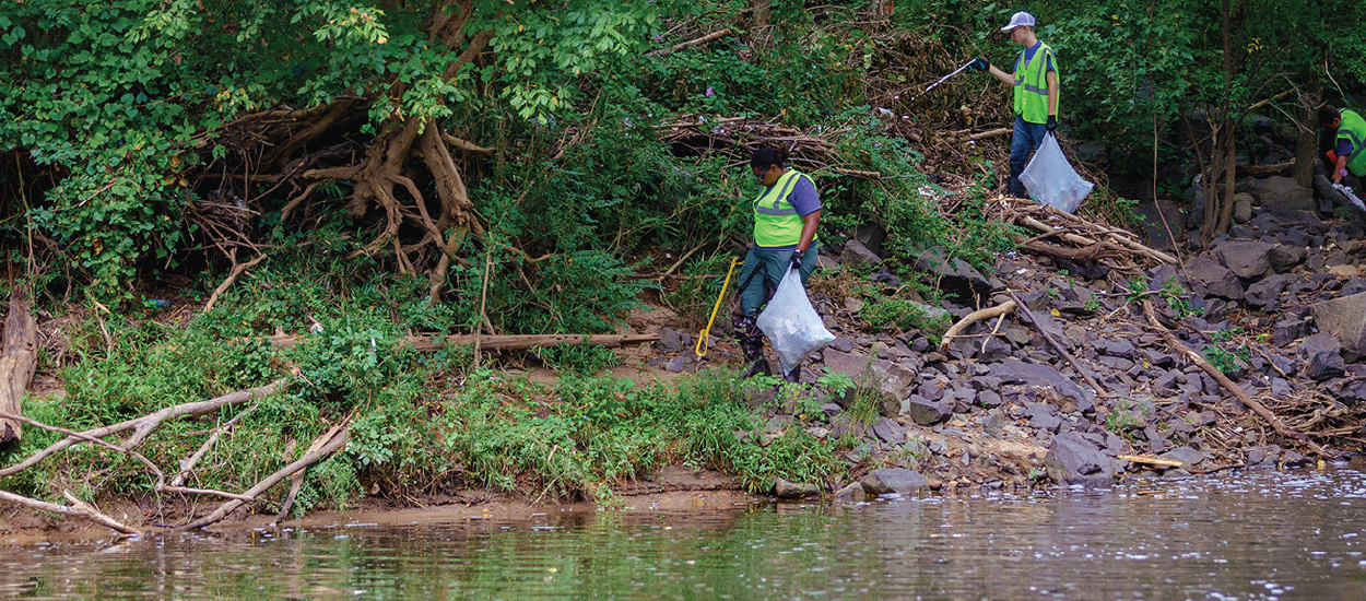 Volunteers cleaning a stream bank for Creek Week.