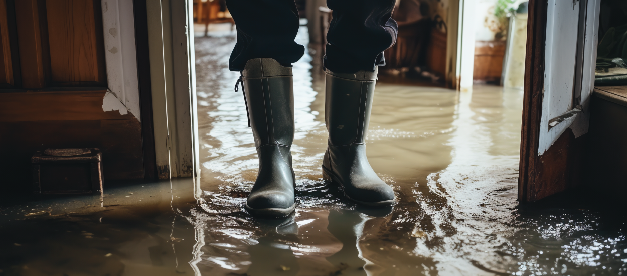 Flood Safety, person in rainboots in flooded house.