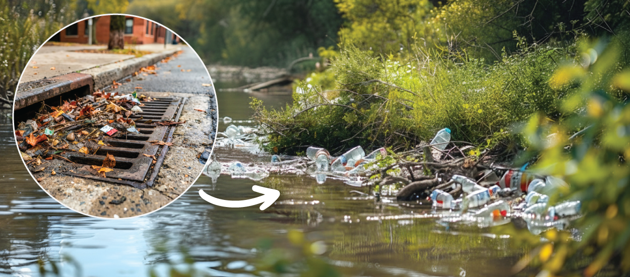 Trash from a street drain shown flowing into a litter‑filled creek.