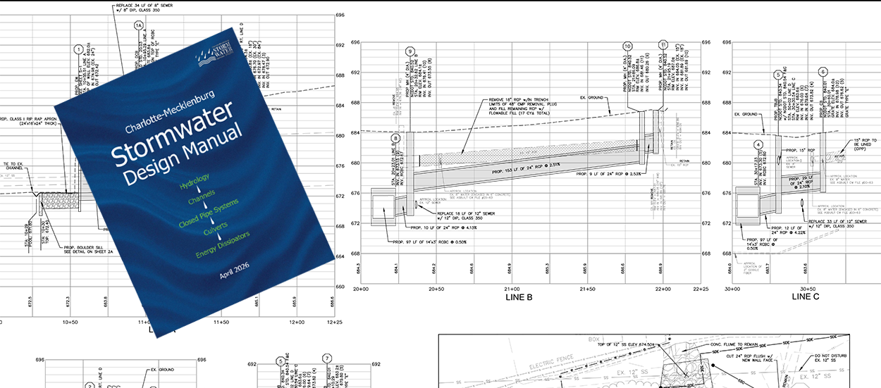 Stormwater Design Manual with plans in the background.