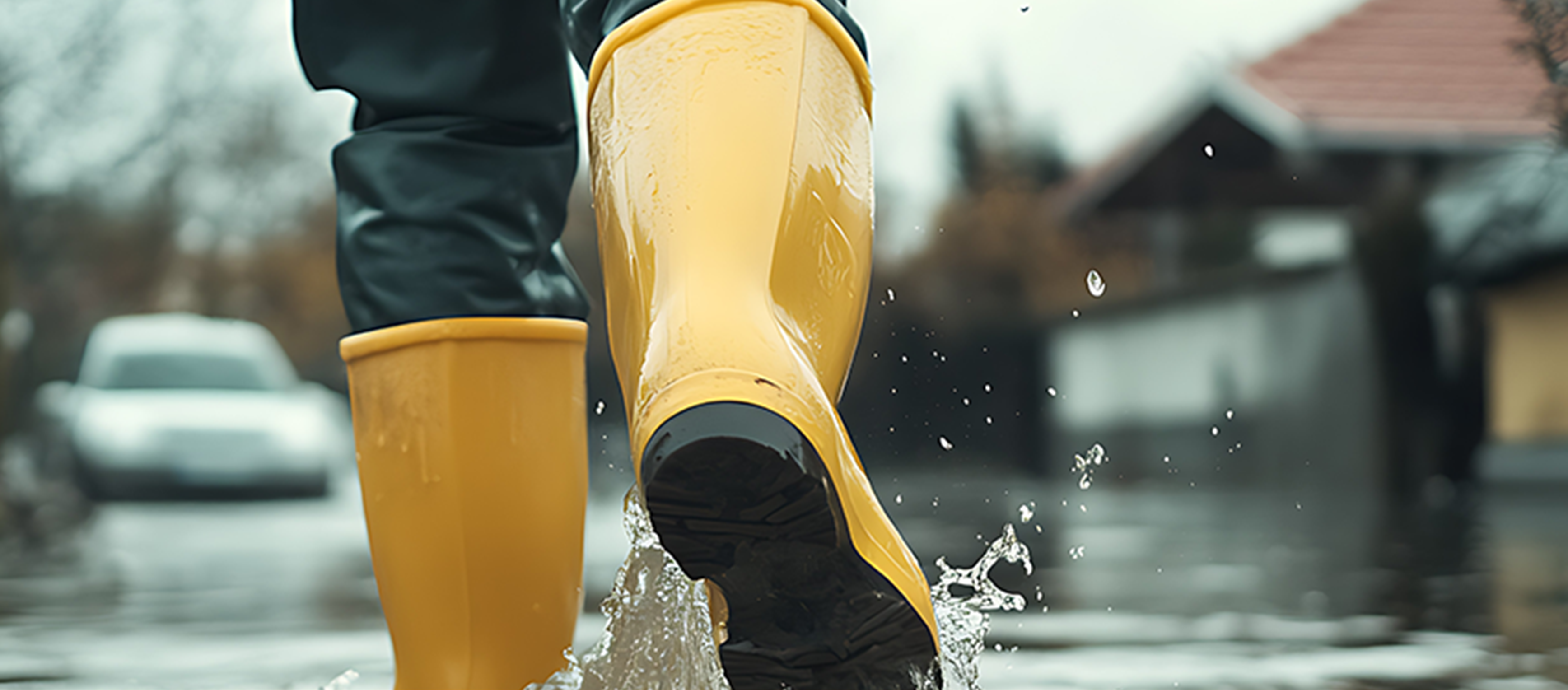 Flooding Yellow Rainboots Walking In Flood.