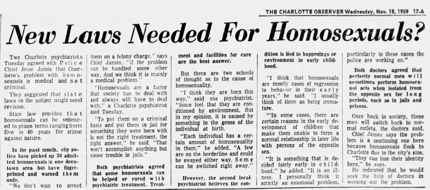 1959 Charlotte Observer news clipping of article titled, 'New Laws Needed for Homosexuals?'