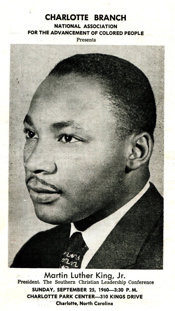 NAACP flyer for King’s appearance at Charlotte Park Center, now the Grady Cole Center at CPCC, in 1960..