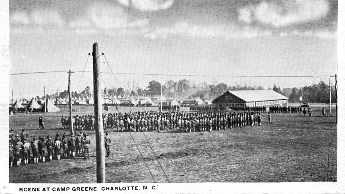 Soldiers at attention during training at Camp Greene