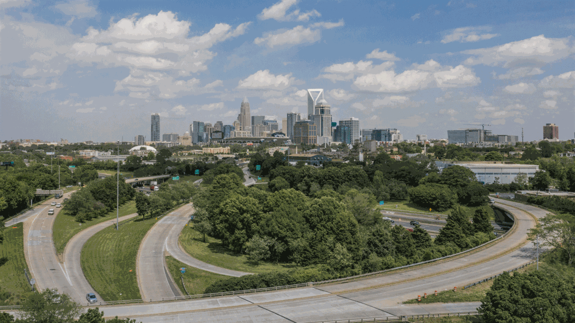Uptown Charlotte skyline with trees