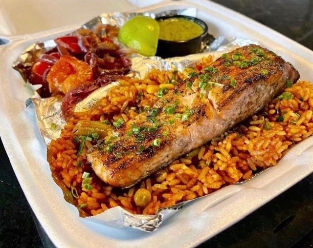 Fried salmon plate at Jolof on Wheels.