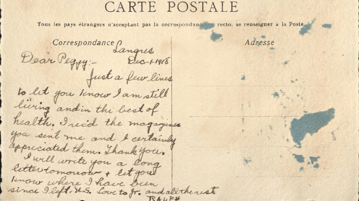 Postcard sent from a Camp Greene soldier in France to a Charlotte resident.
