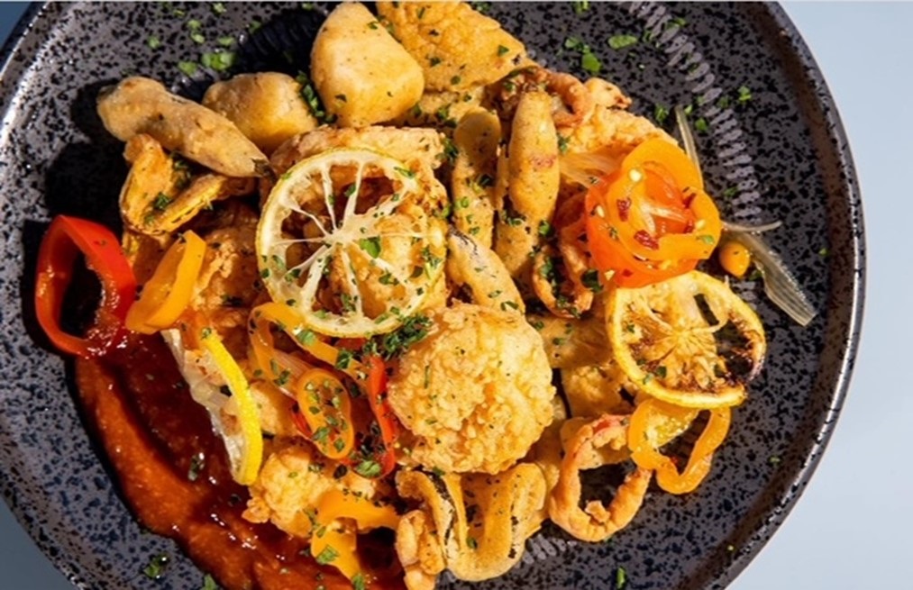 Colorful plate of food at Jimmy Pearls.