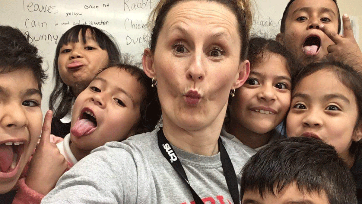 Julia and school children