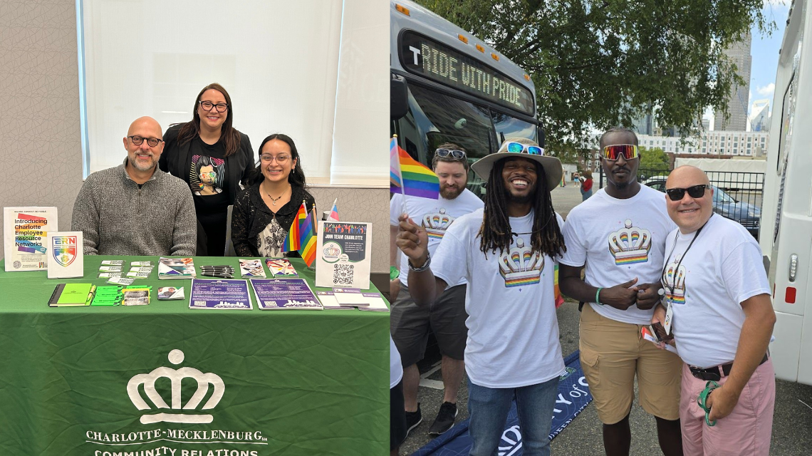 Two side by side photos. The one of the left is people sitting behind a table. The one in the right is people standing together at a pride parade.