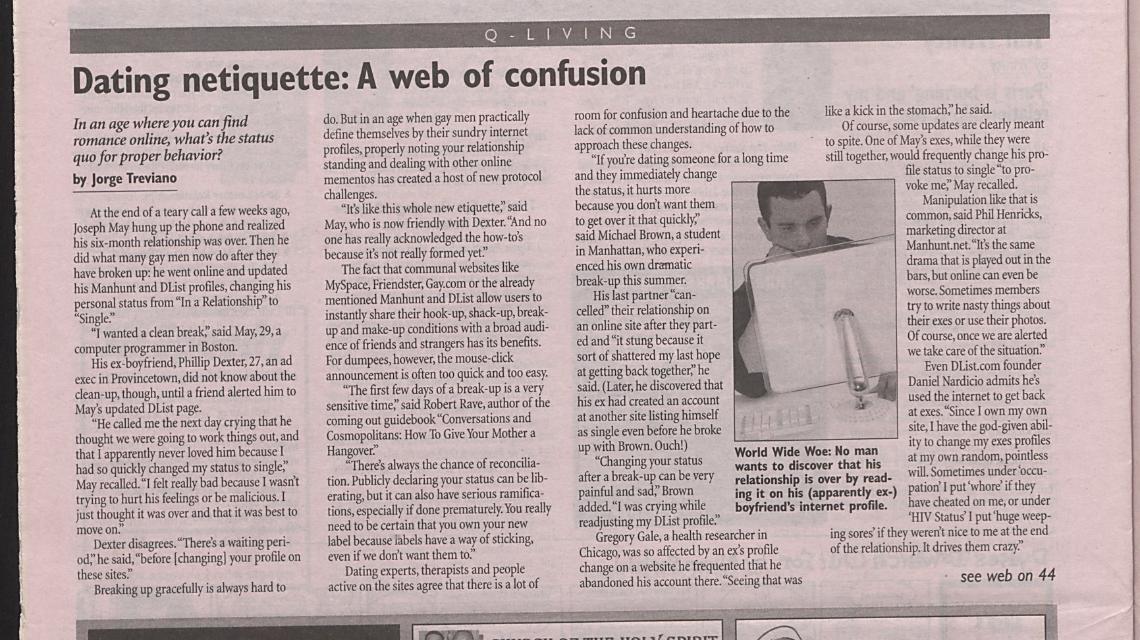 A story in the nespaper qnotes about dating on the internet