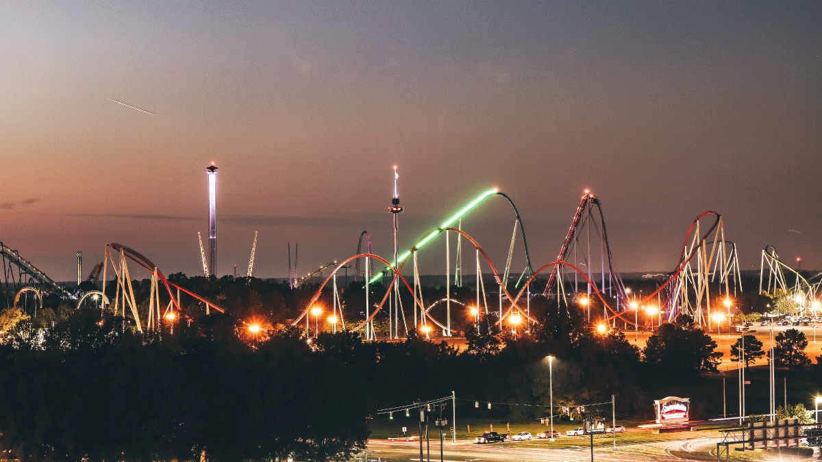 Aerial view of SCarowinds rides at dusk. 
