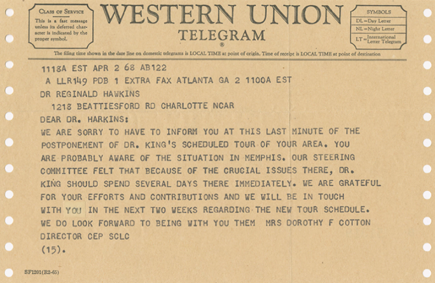 The telegram sent to Reginald Hawkins on April 2, 1968, two days prior to King’s assassination.