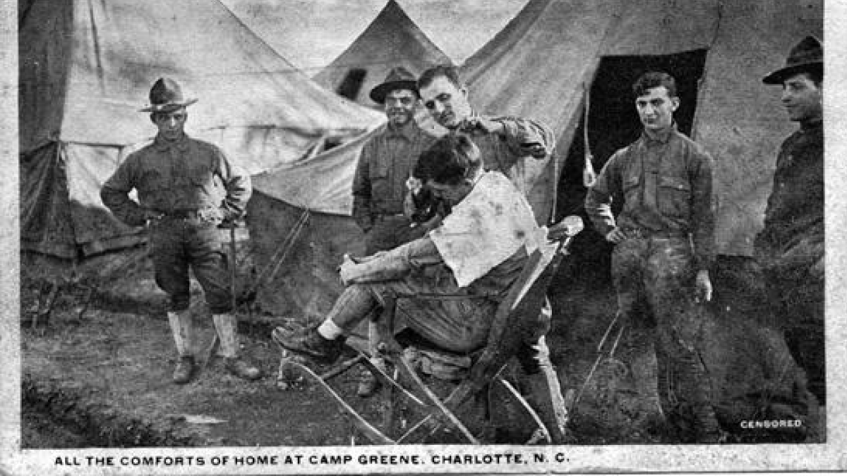 Soldiers at Camp Greene’s barber shop.