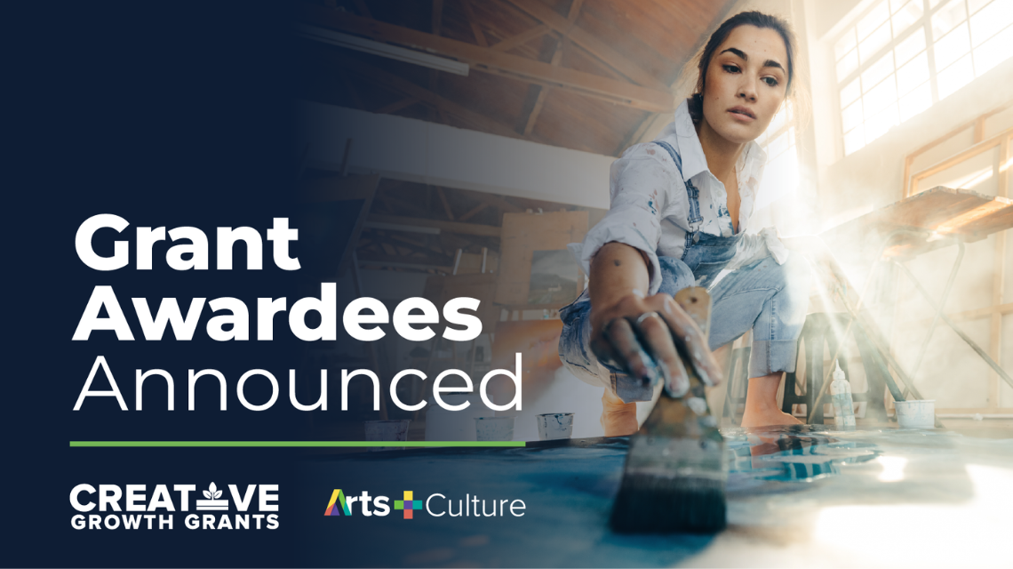 A woman painting on the floor in a large, brightly lit studio. Text next to her reads 'Grant Awardees Announced' with the Creative Growth Grants and Arts & Culture logos below it.