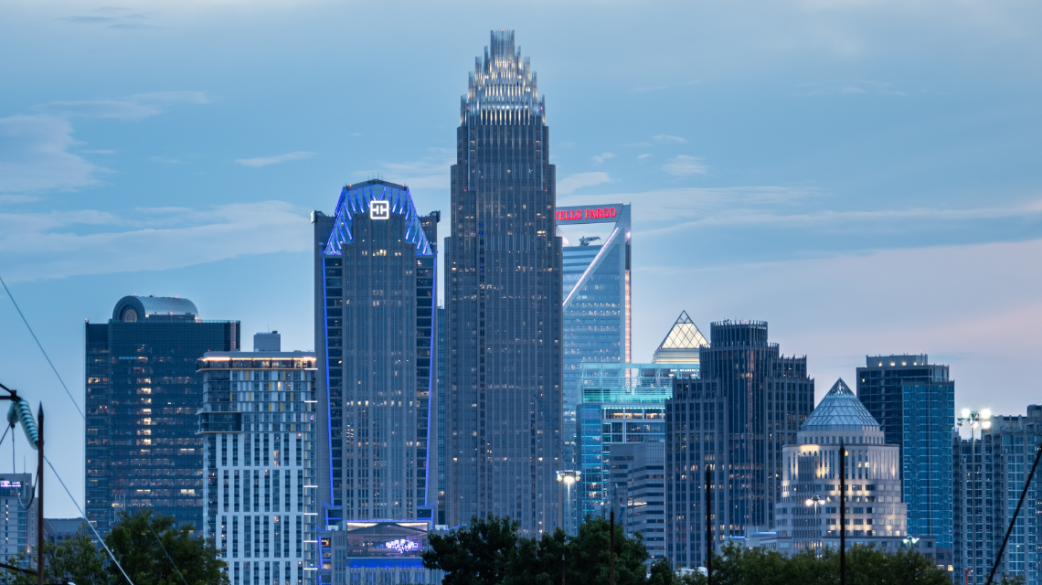 Charlotte skyline at dusk.