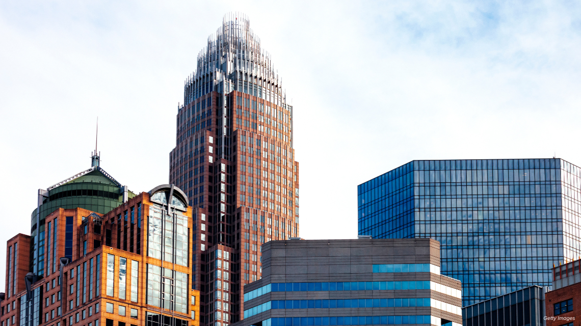 Closeup of recognizable buildings in Charlotte's skyline, including Bank of America tower.