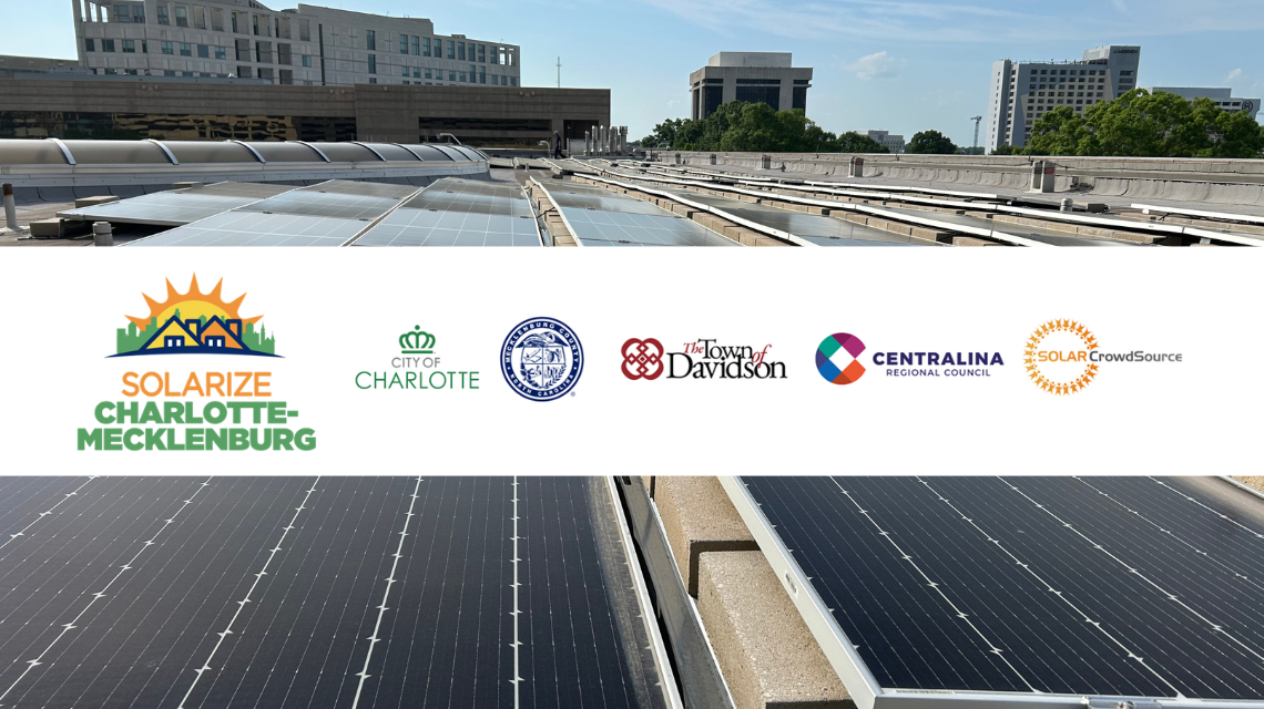 Image of solar panels on a roof with Solarize Charlotte-Mecklenburg logo and other logos overlaid.