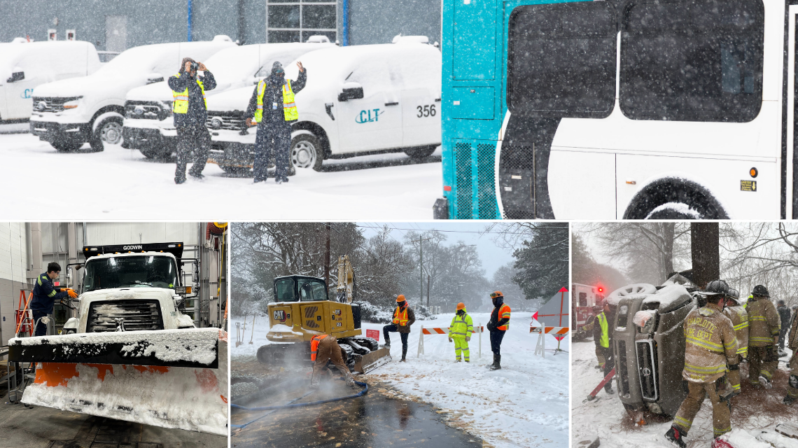 Collage of photos featuring employees working in the winter storm.