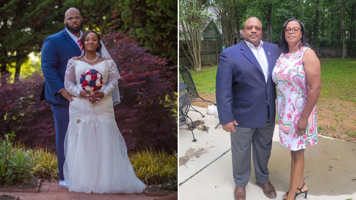 Two pictures, side by side. On the left is a wedding photo of Richard and Lillian Greene. On the right is a photo of Robert and Monica Mahoney. Both couples pose together.