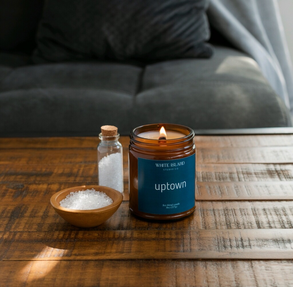 The “Uptown” candle from White Island Studio Co. on a wooden coffee table.