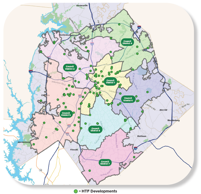 A map of all housing trust fund supported developments throughout the city of Charlotte. Please contact hnsinfo@charlottenc.gov if you would like a full list of the developments, including addresses