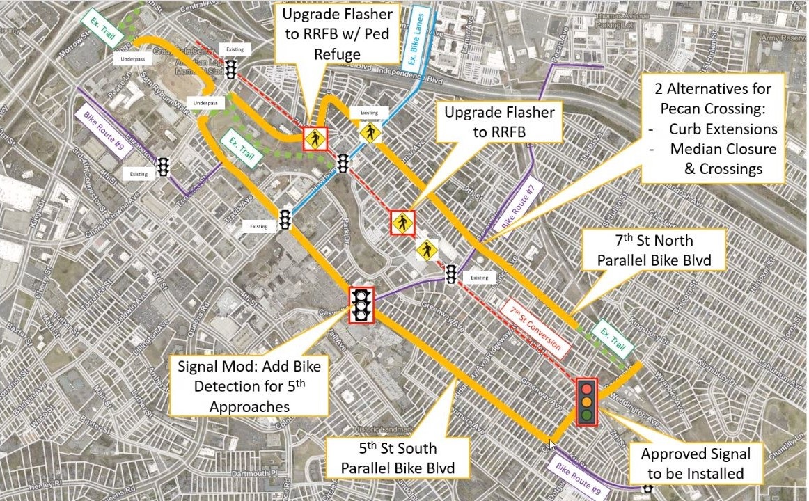 an illustration of a map showing key features of the bike lanes, including locations of future lanes, signals and bike crossings