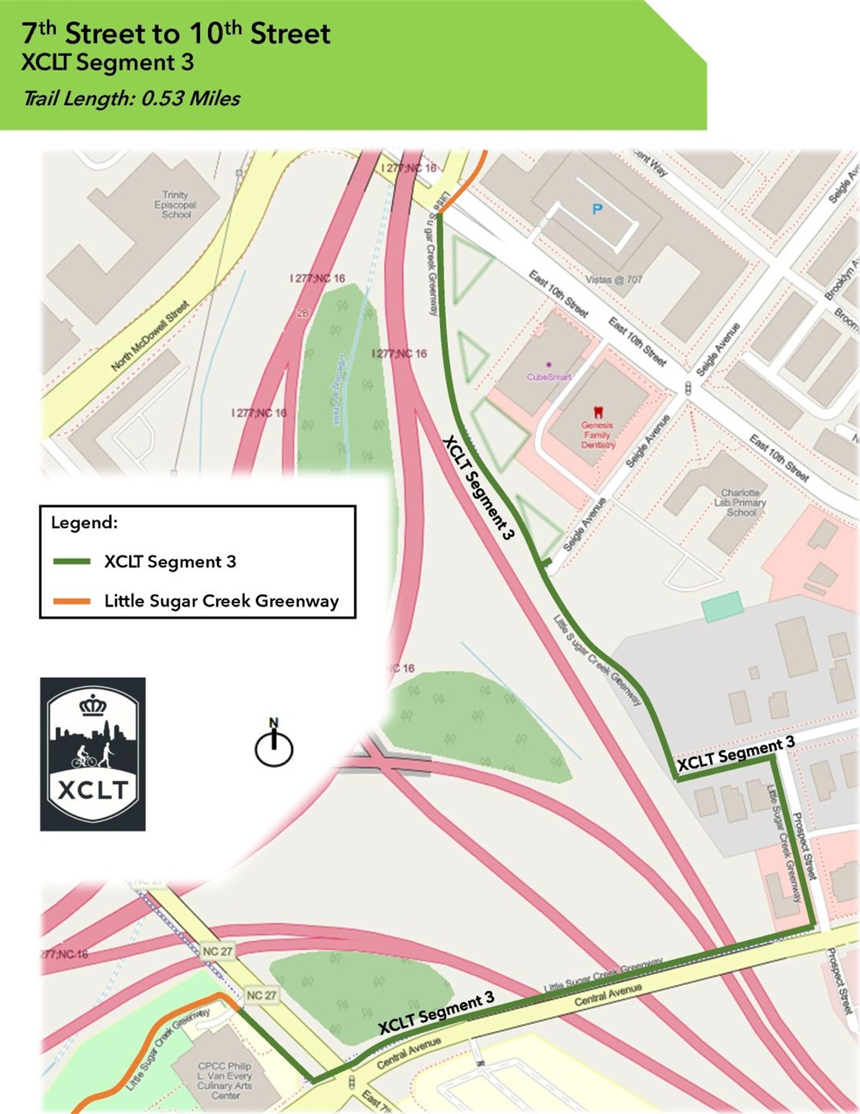 An aerial map of the segment with a green line indicating the alignment of the trail